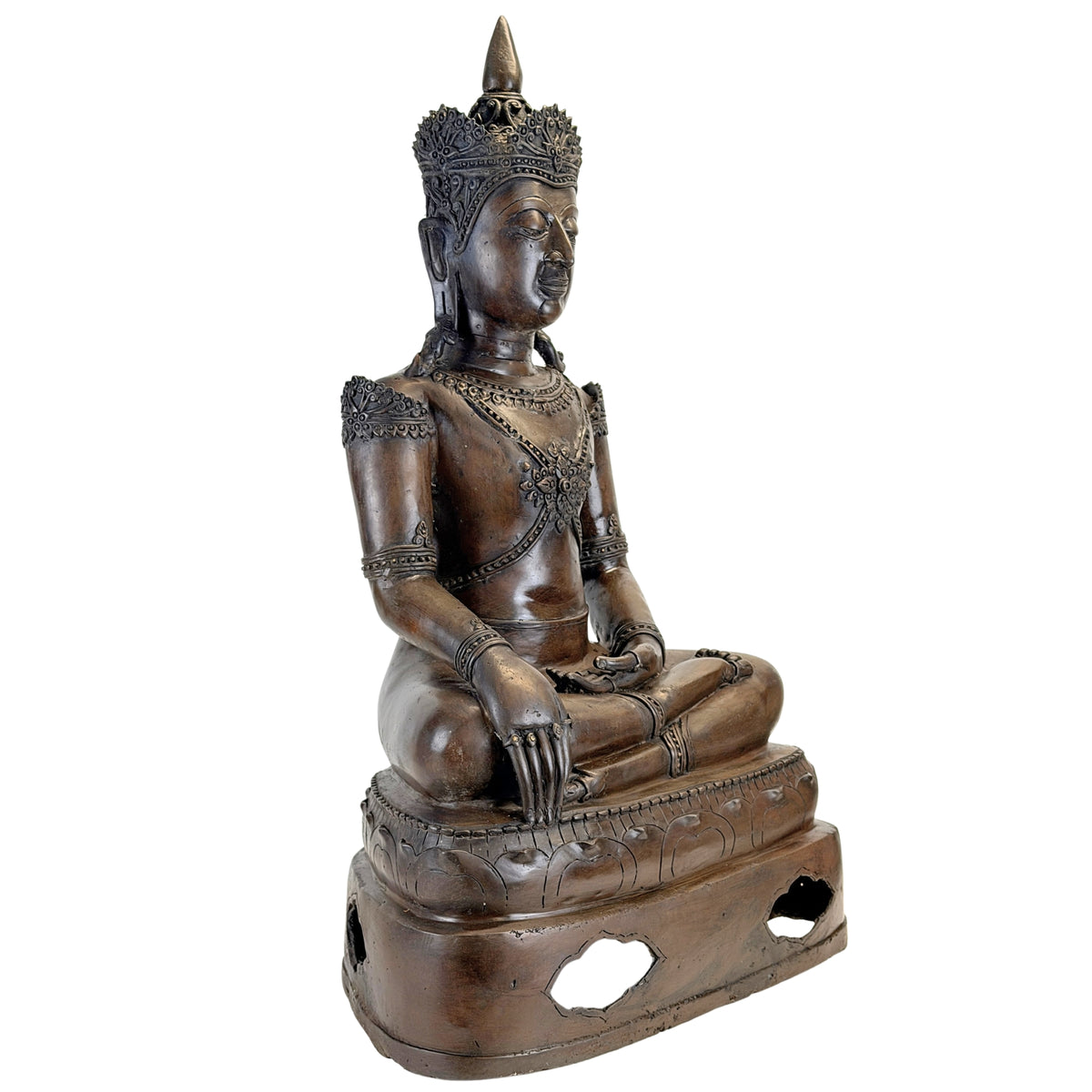 Antique Thai crowned Buddha in bronze, left three-quarter view