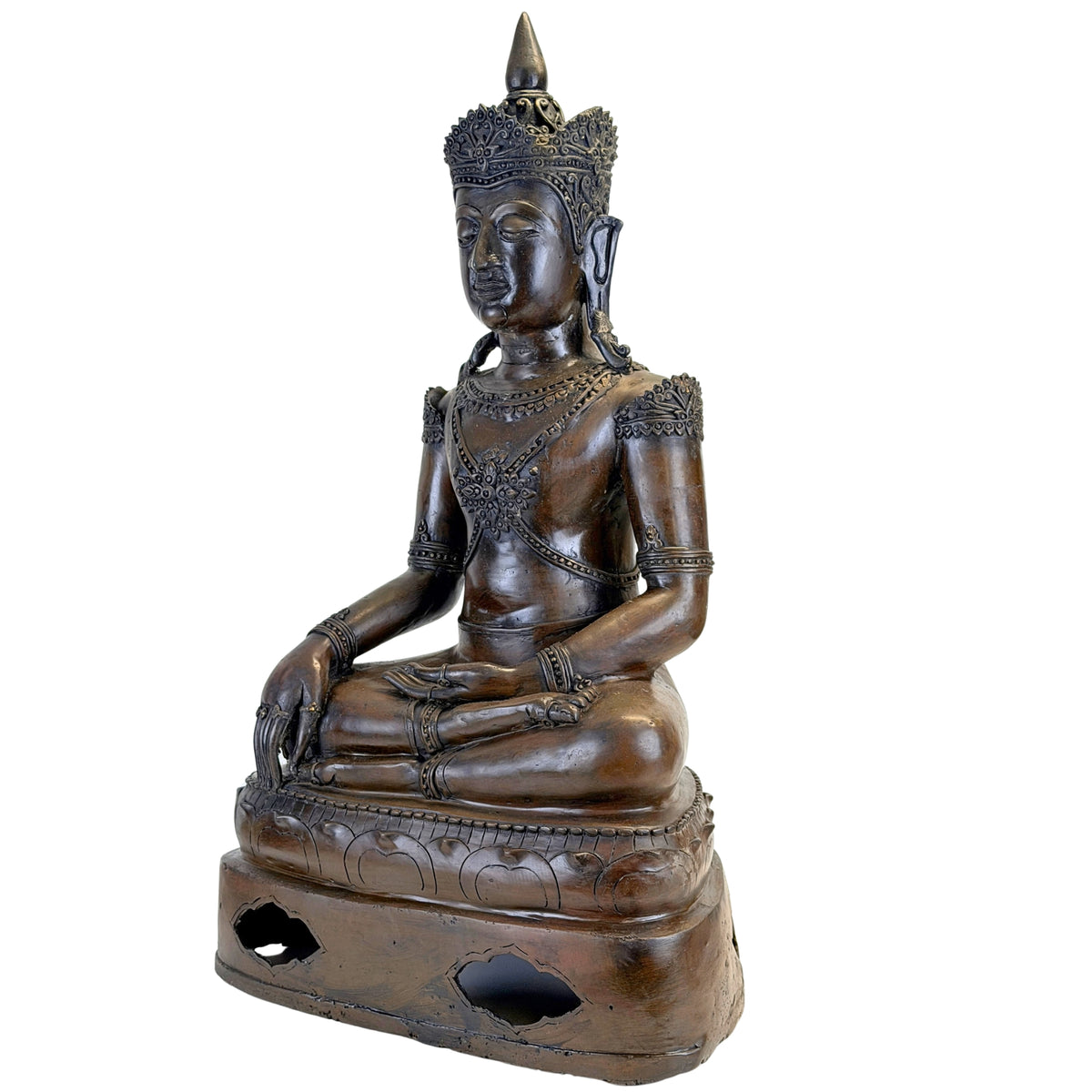 Antique Thai crowned Buddha in bronze, right three-quarter view