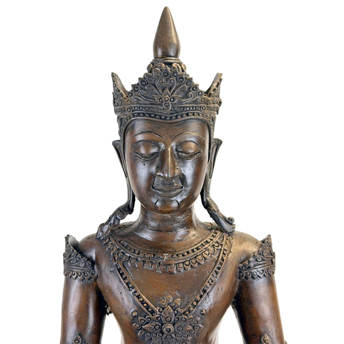 Portrait of antique Thai crowned Buddha with richly decorated crown
