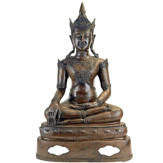 Antiker gekrönter Buddha aus Thailand, Rattanakosin 19. Jahrhundert, Frontalansicht