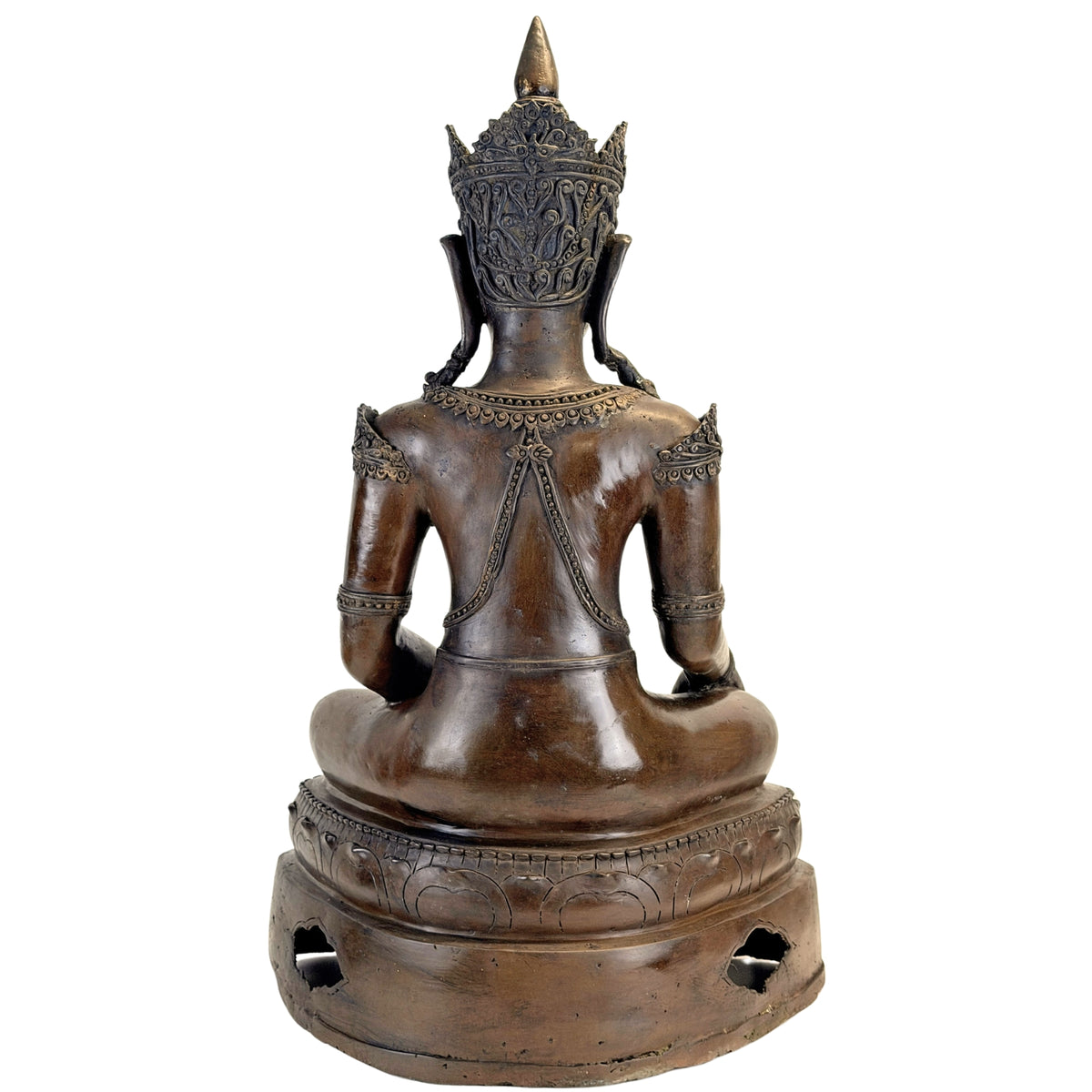 Rear view showing back, throne and pierced base of the antique Thai Buddha