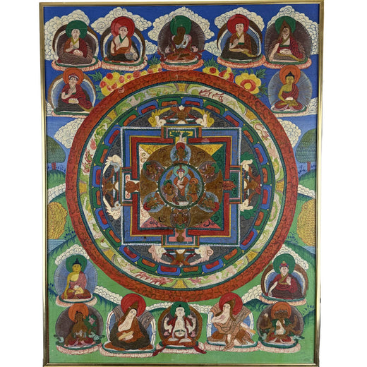 Antike handbemalte tibetische Mandala‑Thangka mit reicher buddhistischer Symbolik