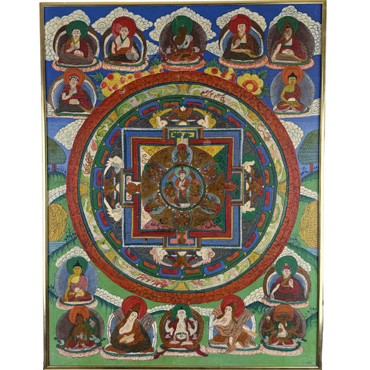 Antike, handbemalte tibetische Mandala-Thangka mit reicher buddhistischer Symbolik