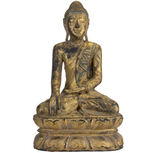 Antiker vergoldeter Holz-Buddha – Myanmar Mandalay Stil – Glaseinlagen