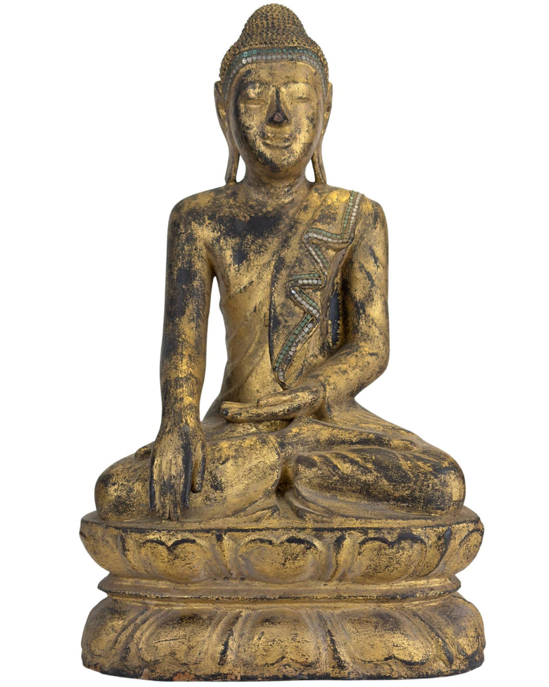 Antiker vergoldeter Holz-Buddha – Myanmar Mandalay Stil – Glaseinlagen
