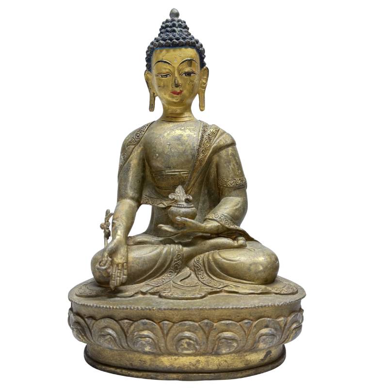 Antiker, feuervergoldeter Arzt-Buddha aus Bronze mit Originalmalerei