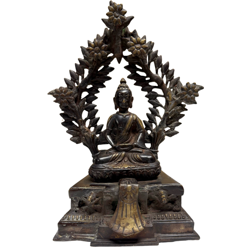 Antiker, feuervergoldeter Himalaya-Shakyamuni-Buddha mit Heiligenschein und Lotussockel