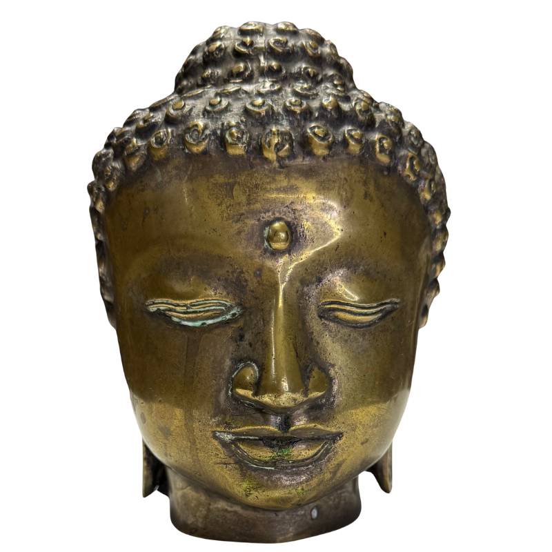 Antiker Buddha-Kopf aus Bronze mit Feuervergoldung aus Burma, Myanmar