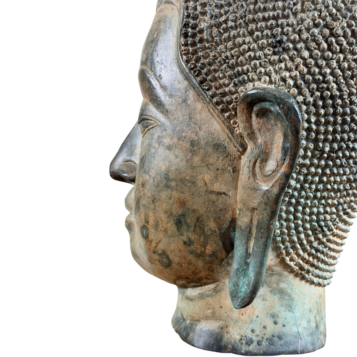 Detail of the left earlobe, hairline and old patina