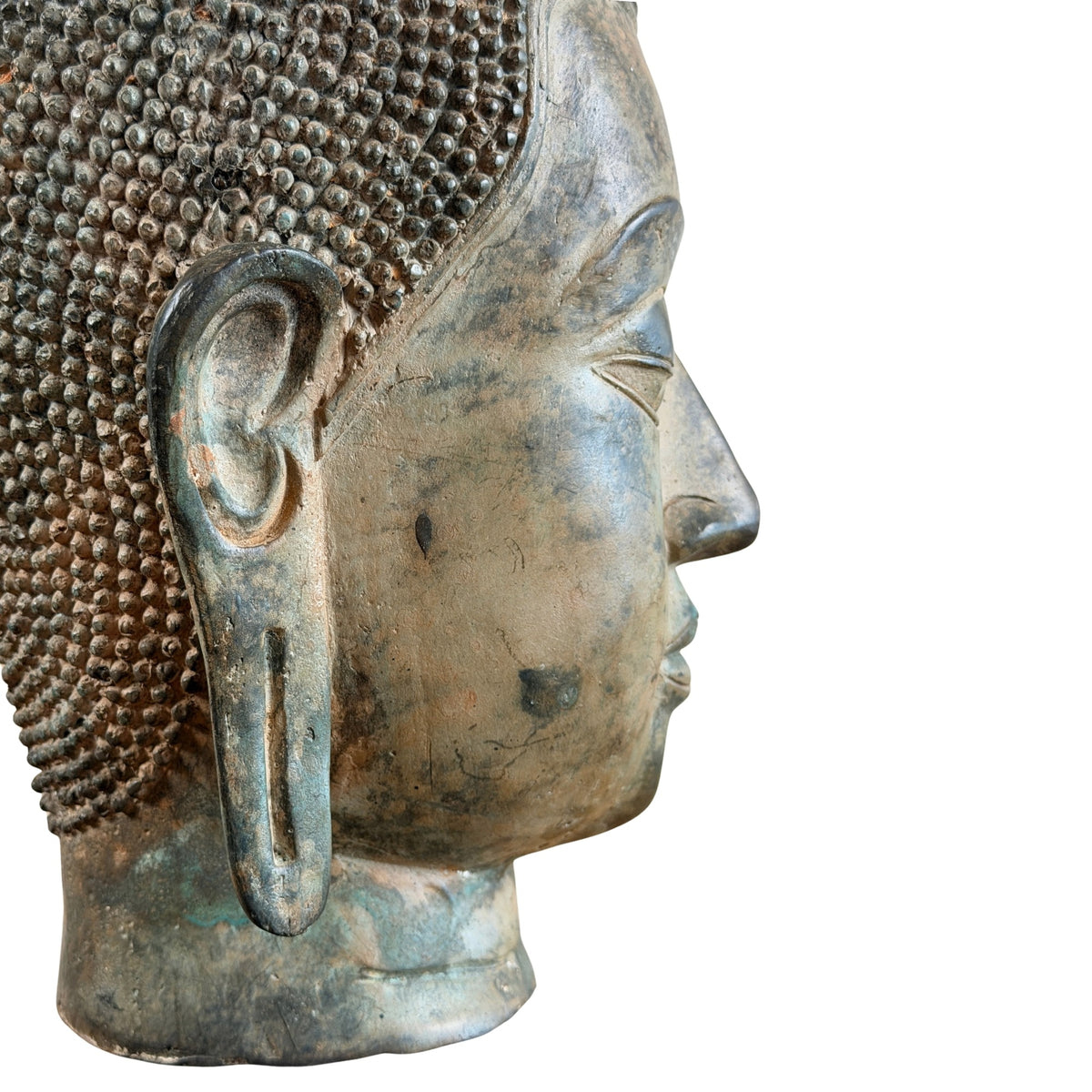 Detail des rechten Ohrläppchens, der Haarlocken und Patina
