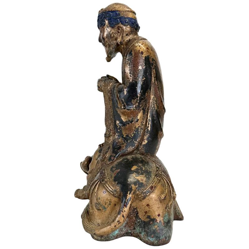 Arhat-Figur mit Dano-Tier in Bronze im Himalaya-Stil