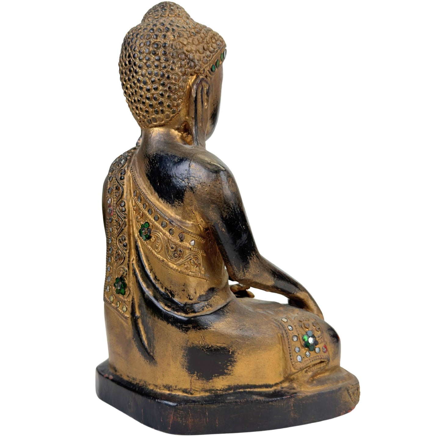 Authentischer burmesischer Buddha mit Vergoldung und Glaseinlagen
