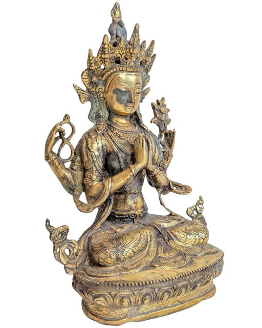 Vierarmige Avalokiteshvara-Statue aus vergoldeter Bronze aus Nepal oder Tibet