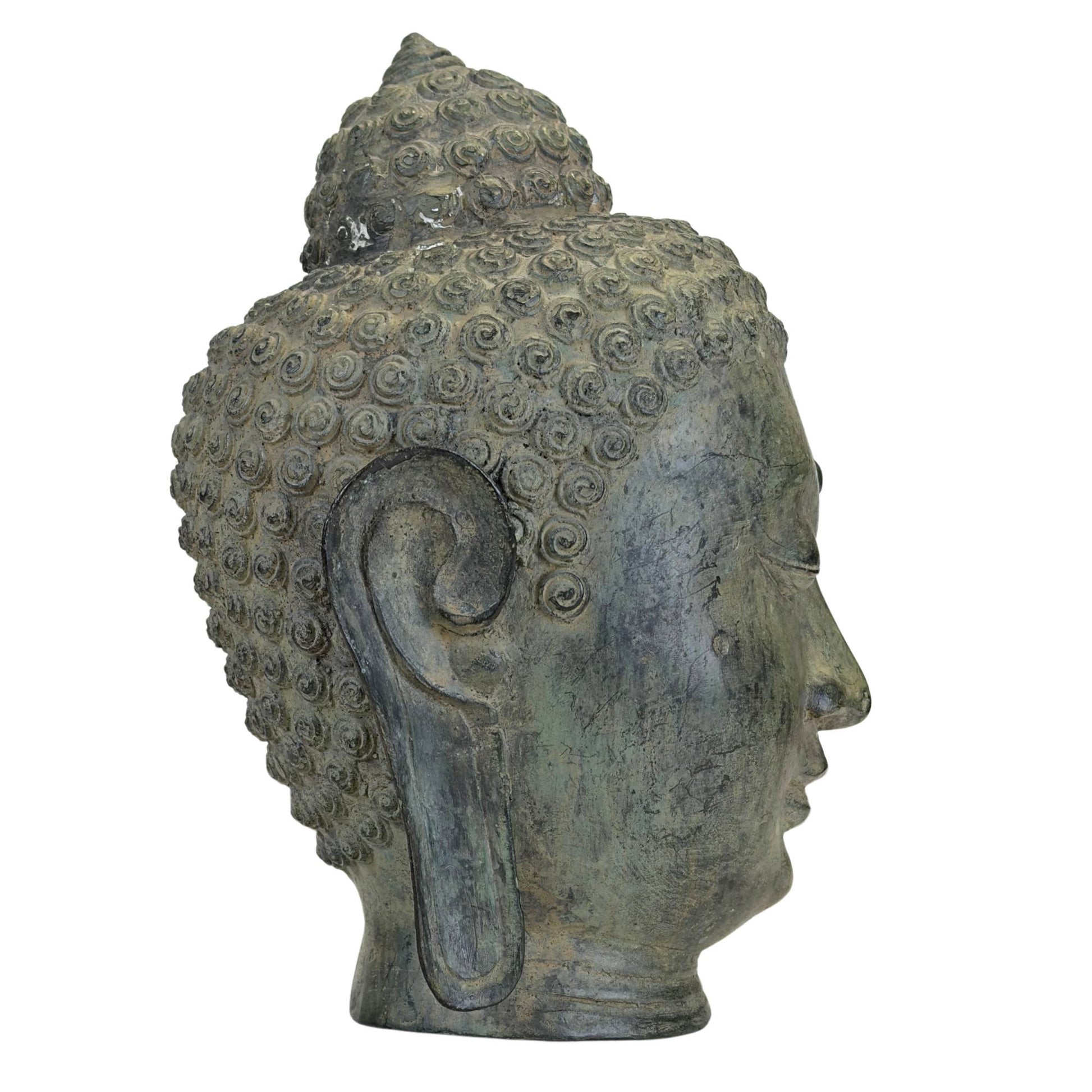 Asiatischer Buddha-Kopf aus Bronze mit natürlicher grün-grauer Patina