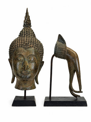 Antike Thai-Buddha Fragmente – Bronzekopf & Segenshand des 19. Jahrhunderts