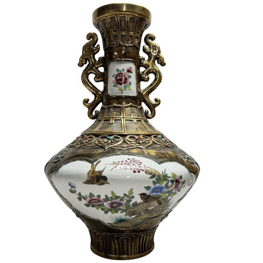 Asiatische Vase, Porzellanplatten, Metallstruktur, florales Motiv