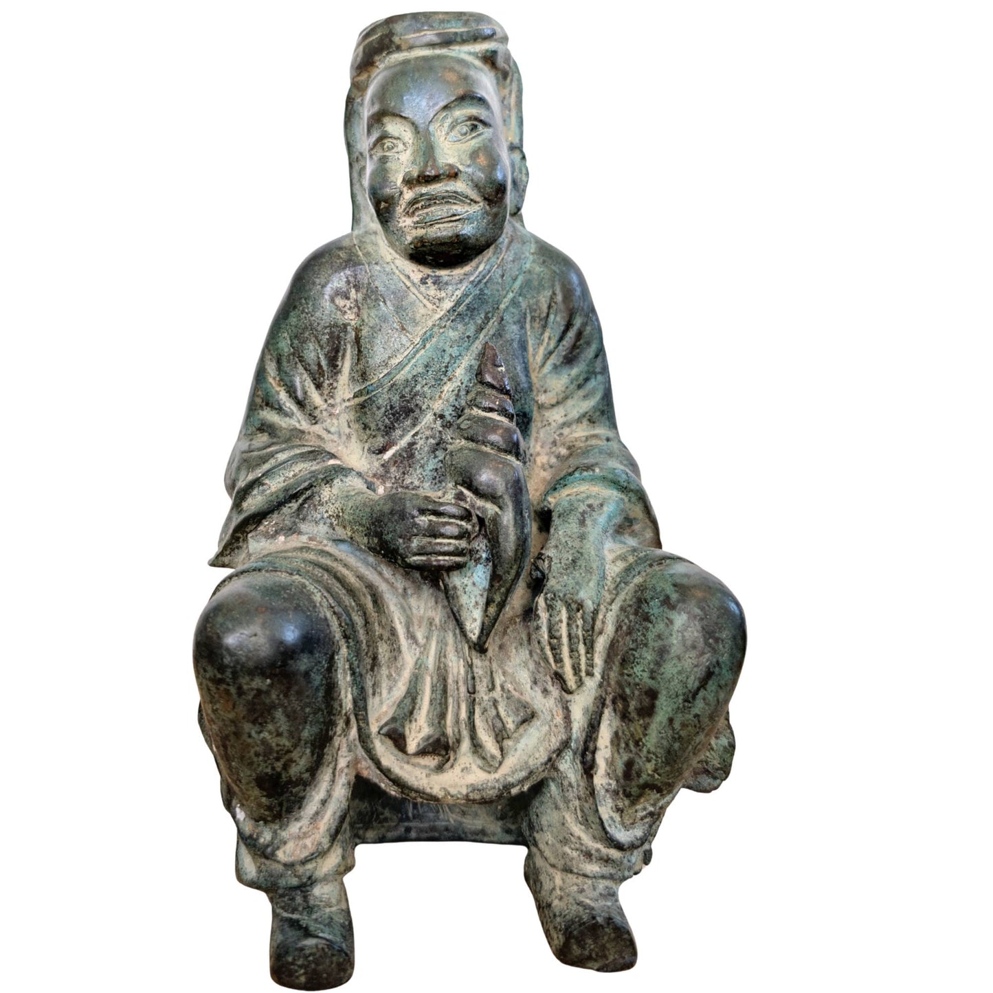 Antike Bronzestatue zum Schutz und für Wohlstand mit Muschelhorn