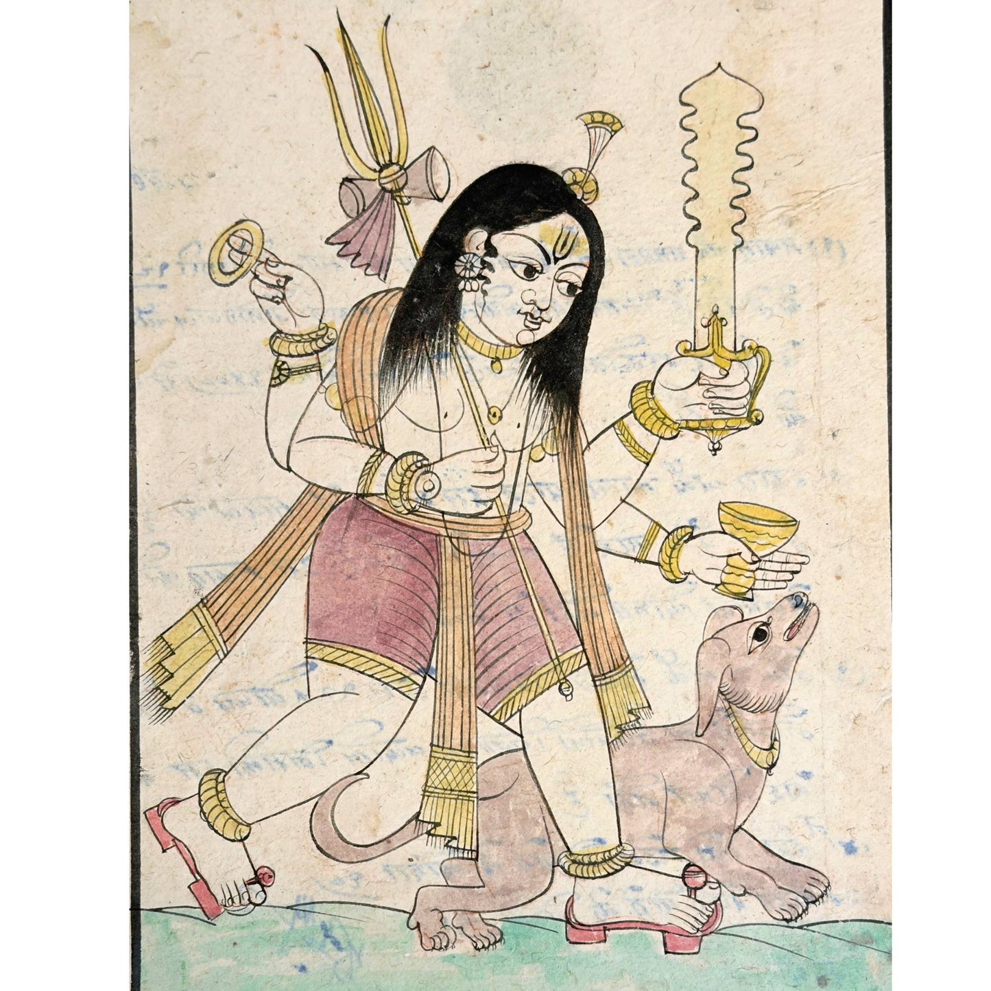 Handbemalter Bhairava mit Hund im traditionellen Rajasthan-Miniaturstil
