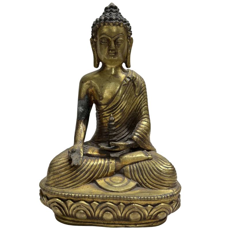 Nahaufnahme der antiken Bronzestatue des Medizinbuddhas Bhaisajyaguru, der in Lotusposition sitzt, mit dezenten vergoldeten Akzenten im Gesicht und dem Medizinkrug in seiner linken Hand.