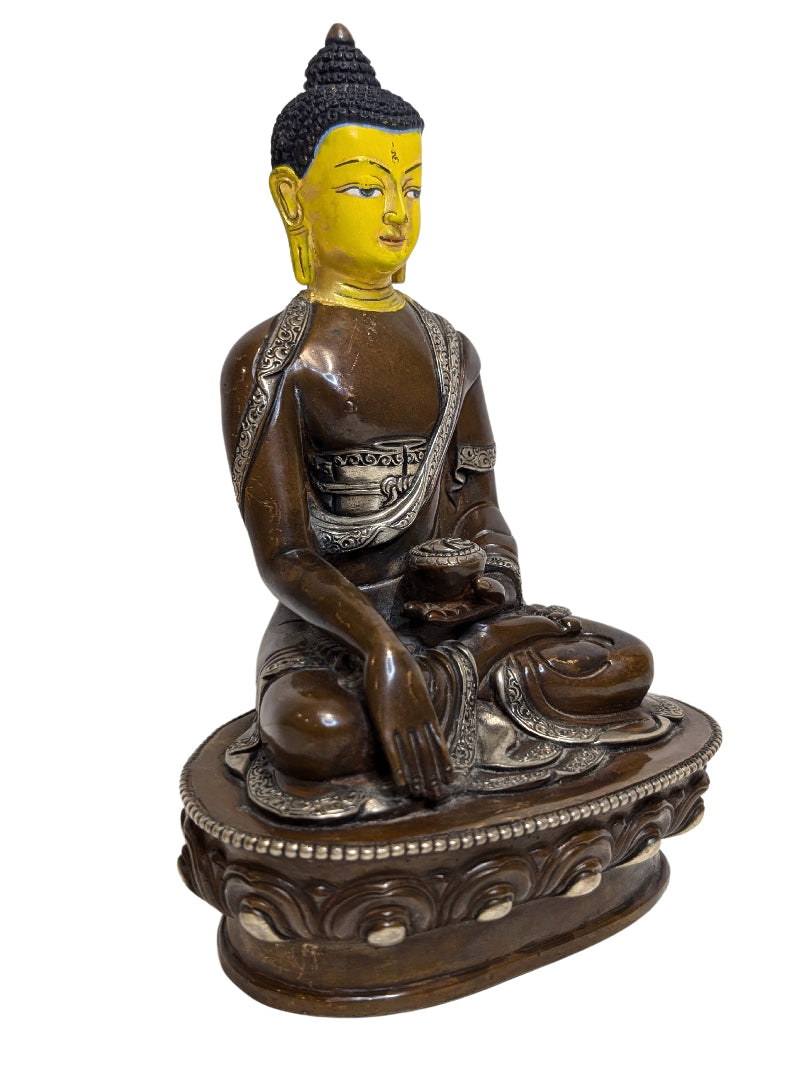 Bronzener Bhaisajyaguru-Medizinbuddha aus Tibet in Dhyana-Mudra mit Heilschale