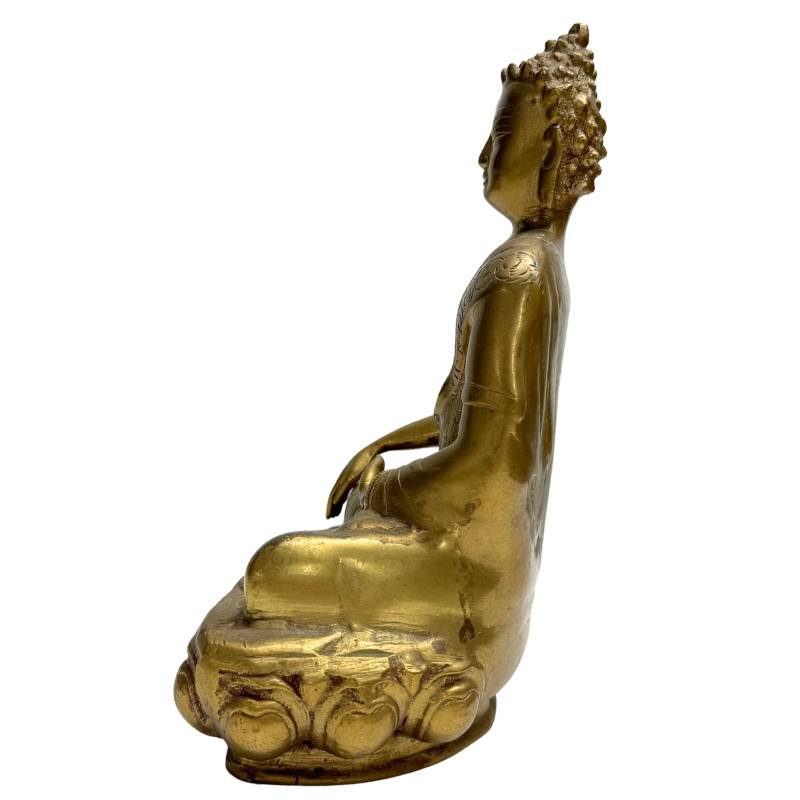 Tibetische buddhistische Statue in Bhumisparsha-Mudra aus massiver Bronze.