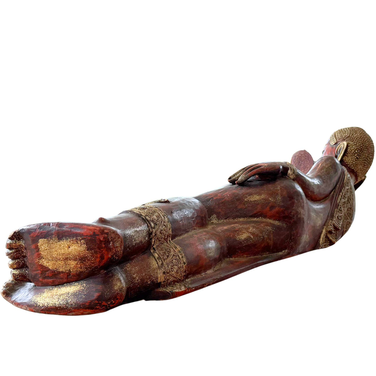Oblique rear view of the solid wood Burmese Buddha for Tuesday