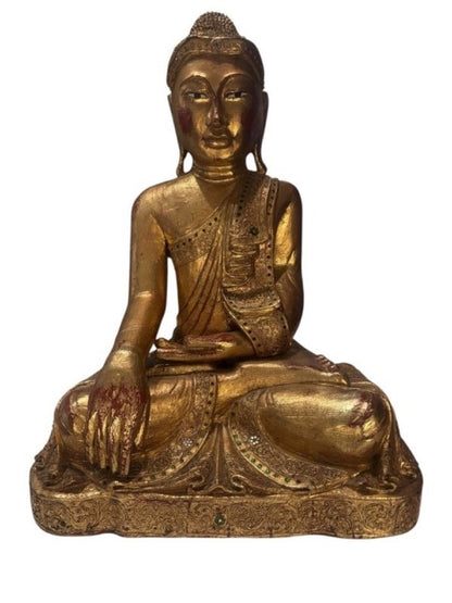 Großes burmesisches Mandalay‑Buddha‑Statue aus Holz mit Blattgold, 19. Jahrhundert, Bhumisparsha‑Mudra