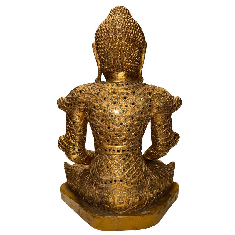 Burmesischer Buddha mit Glaseinlagen und raffinierter Verzierung im Mandalay-Kunststil