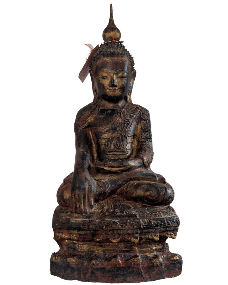 Burmesische Buddhafigur aus Papiermaché mit altem Exportetikett, Vorderansicht