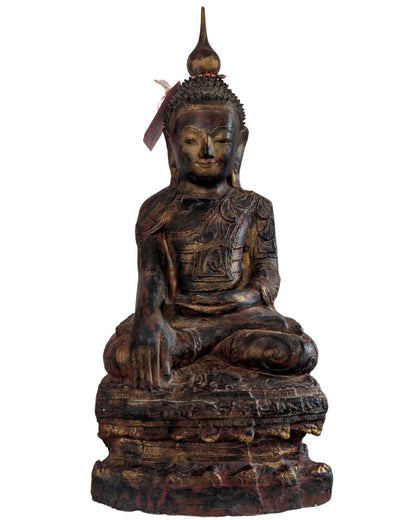 Burmesische Buddhafigur aus Papiermaché mit altem Exportetikett, Vorderansicht