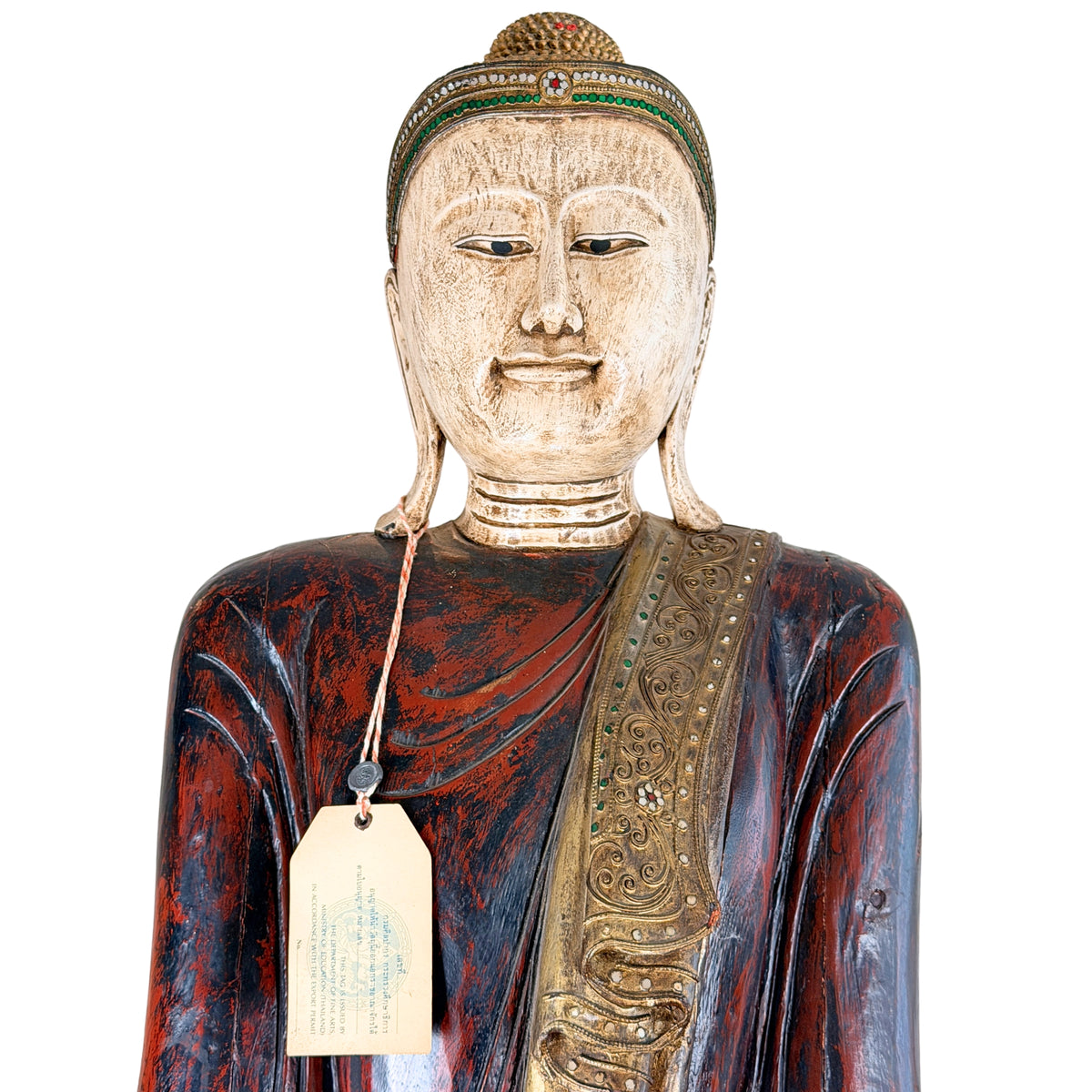 Birmaischer Mandalay-Buddha mit bemaltem Gesicht und offiziellem Exportetikett von 1988