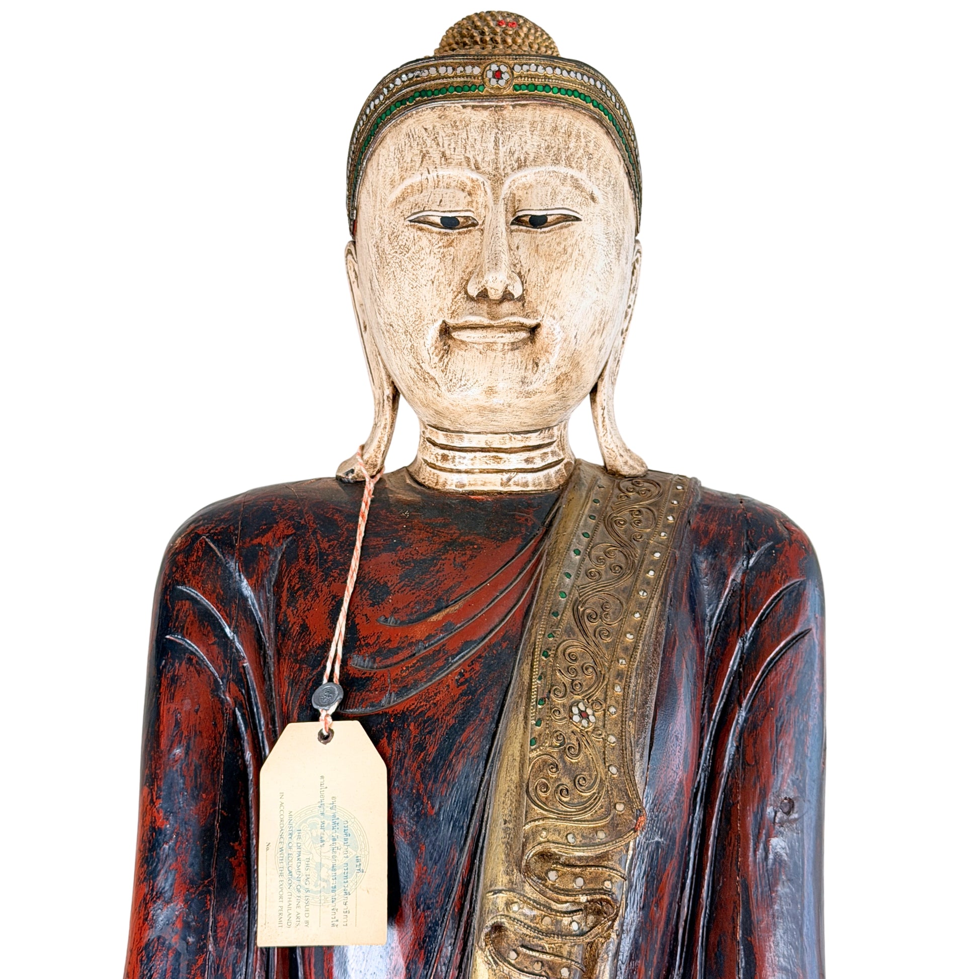 Birmaischer Mandalay-Buddha mit bemaltem Gesicht und offiziellem Exportetikett von 1988