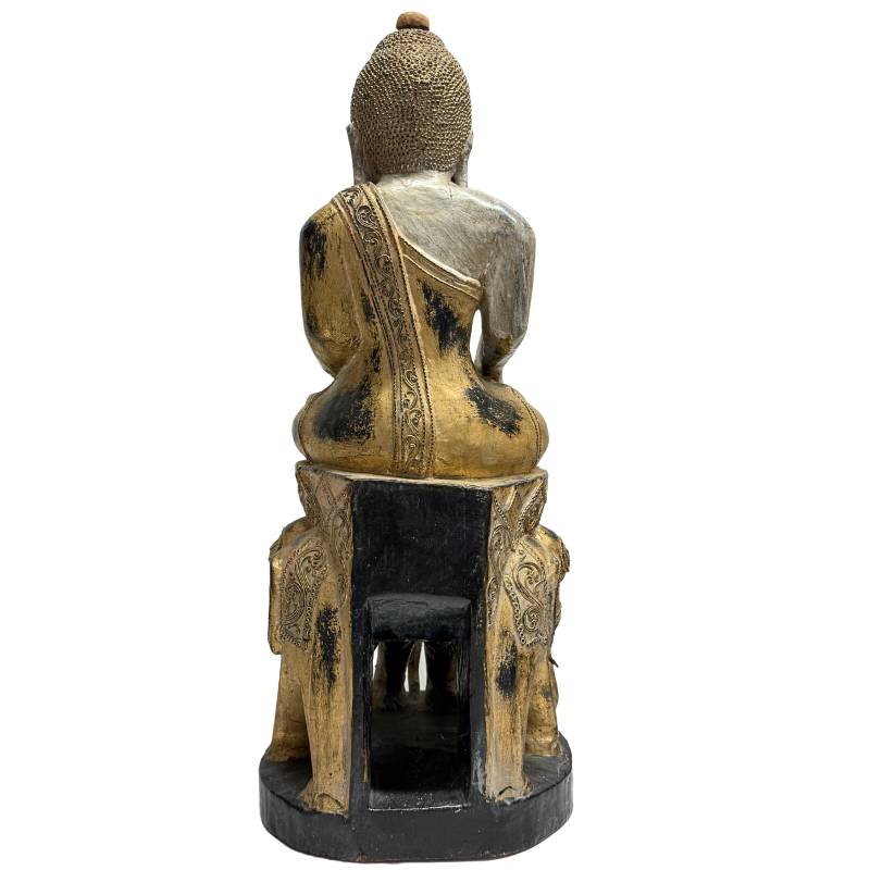 Burmesische Buddha-Statue aus Holz mit traditioneller Blattvergoldung
