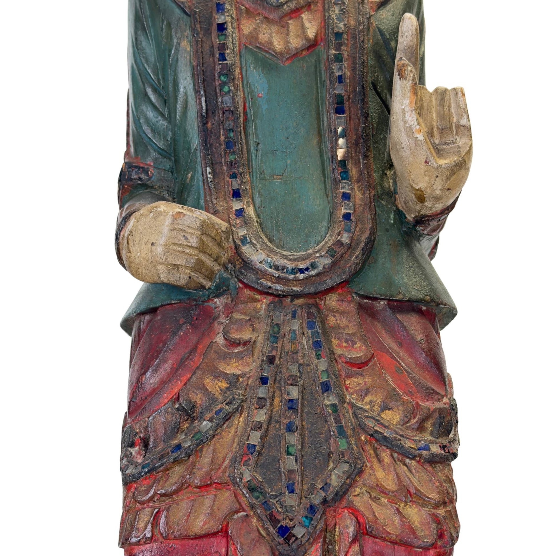 Polychrome Statue eines burmesischen Schutzgeistes mit Spiegelglas