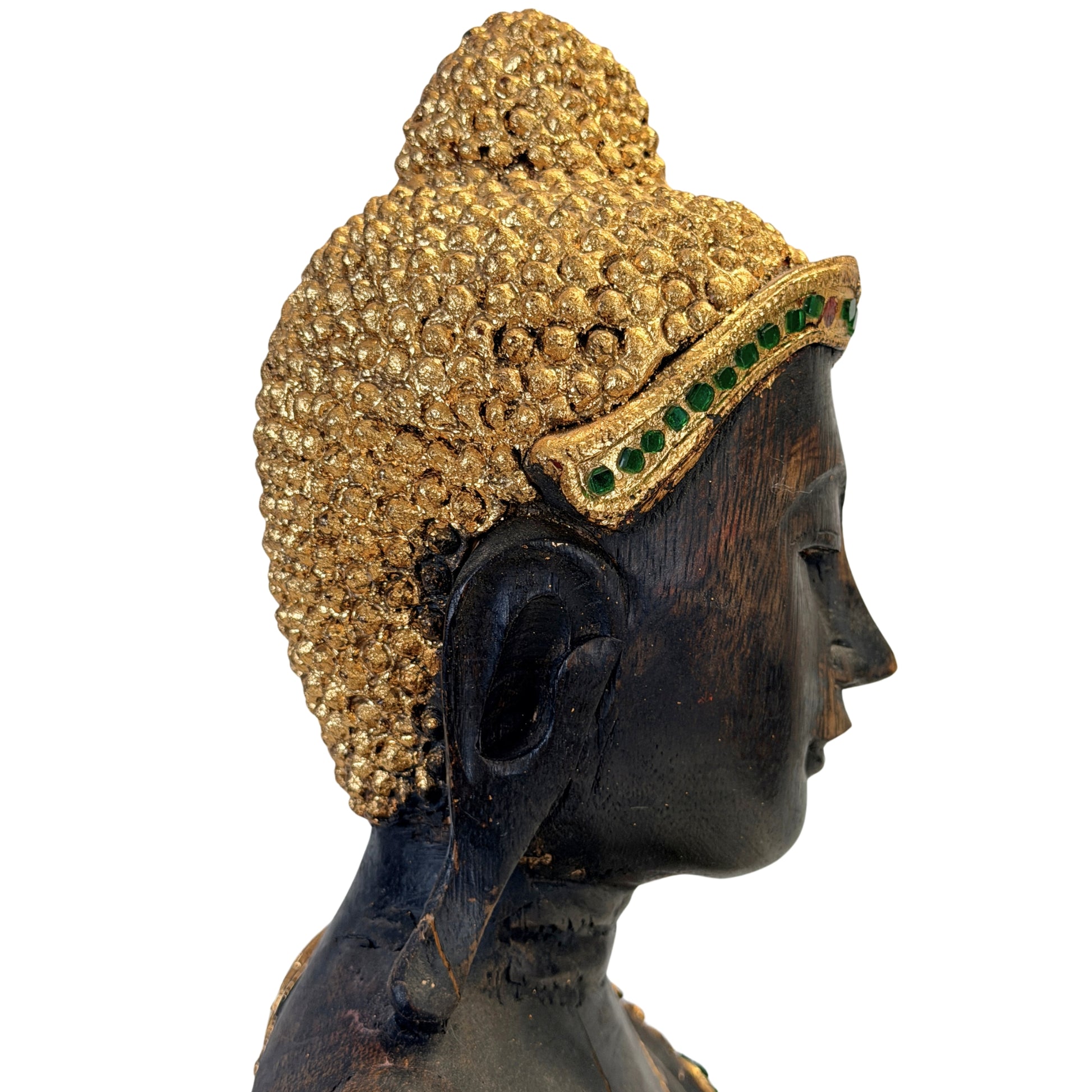 Dreiviertel-Rückansicht des antiken birmanischen Holz-Buddha