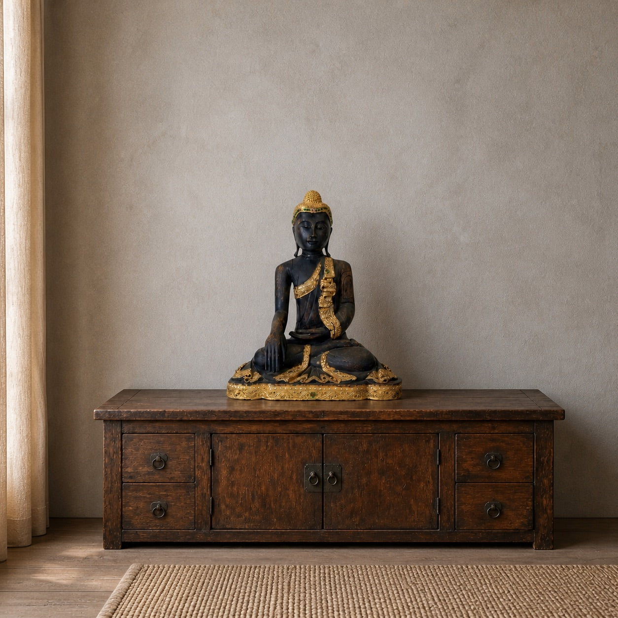 50,5 cm hoher birmanischer Buddha auf einem Holzmöbel aufgestellt