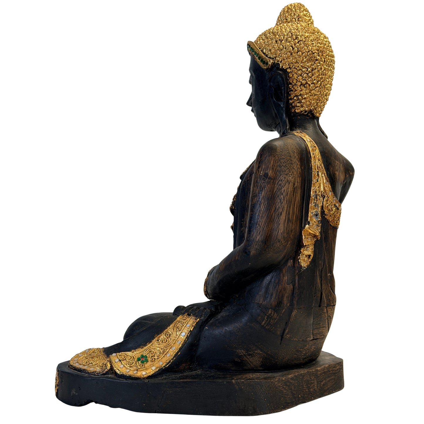 Linke Rückansicht des antiken birmanischen Buddha auf Sockel