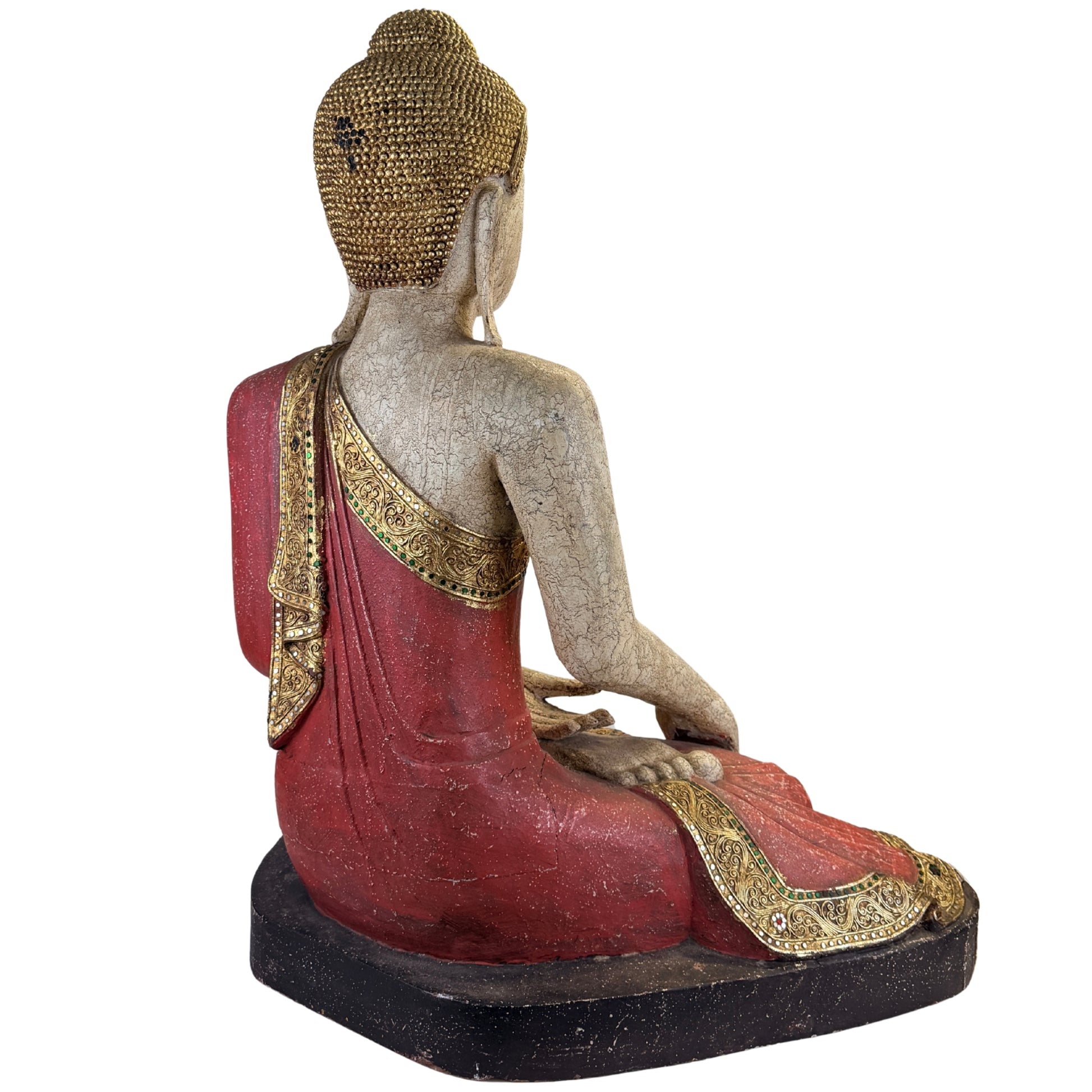 Birmese houten Boeddha met traditionele spiegelinleg