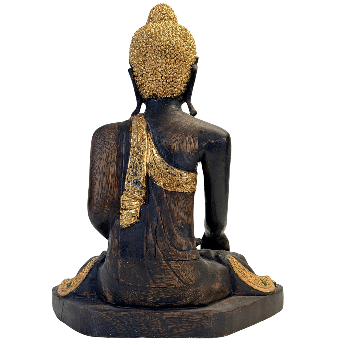 Vollständige Rückansicht des schwarz lackierten birmanischen Holz-Buddha
