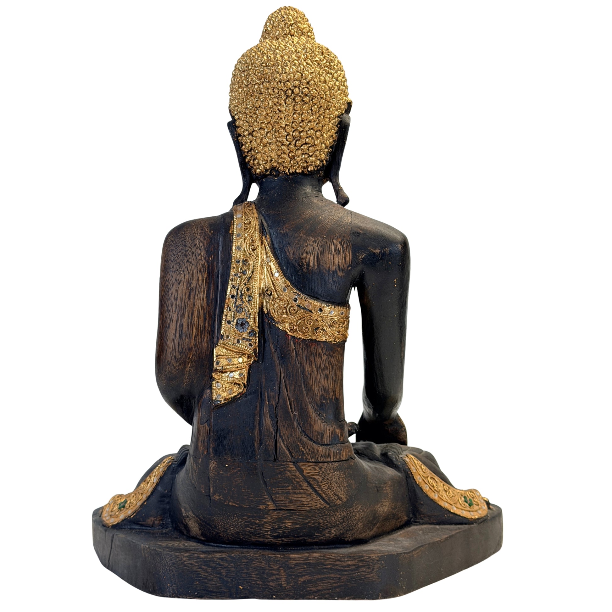 Vollständige Rückansicht des schwarz lackierten birmanischen Holz-Buddha