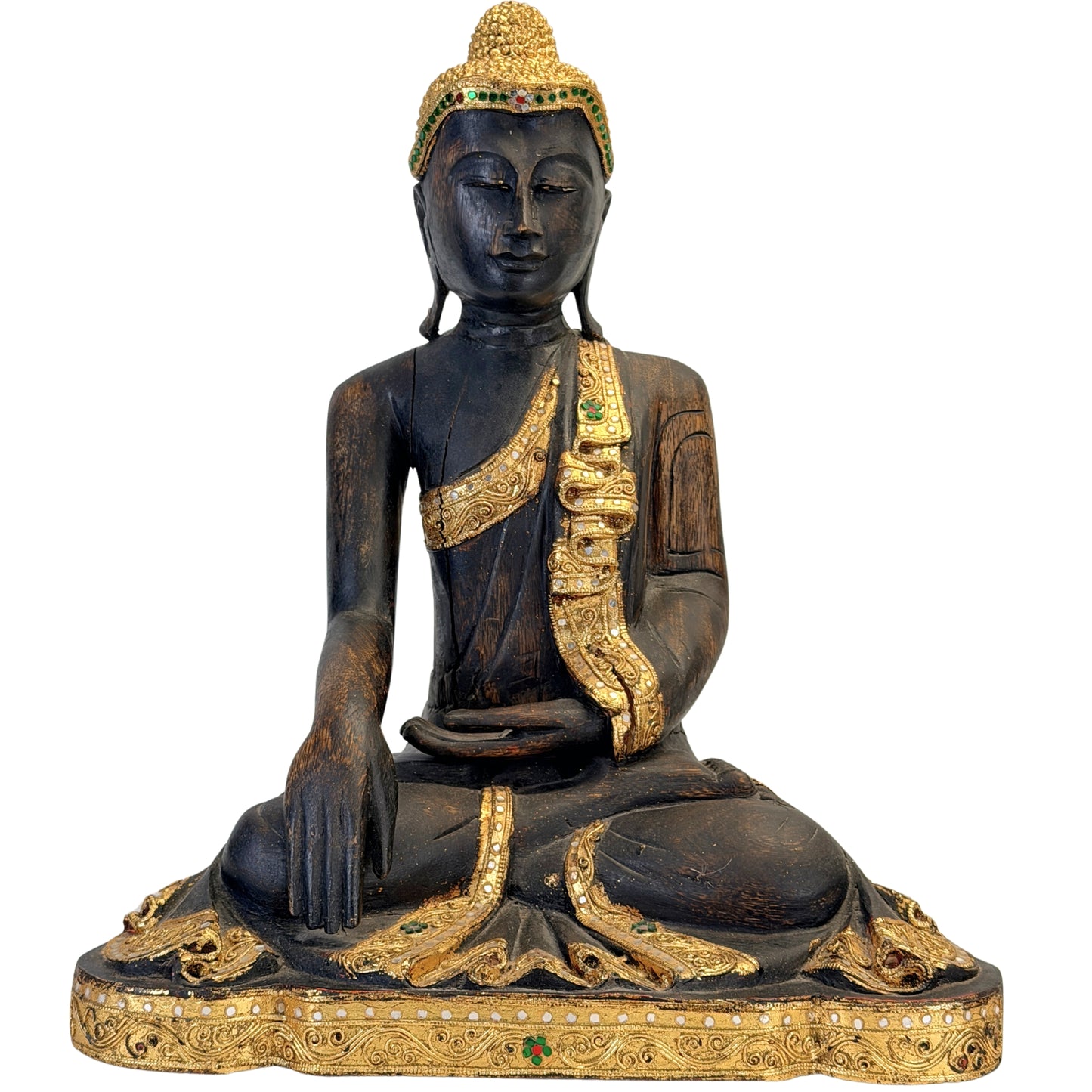 Antiker birmanischer Buddha aus schwarz lackiertem Holz mit Vergoldung und Spiegelglaseinlage, Vorderansicht