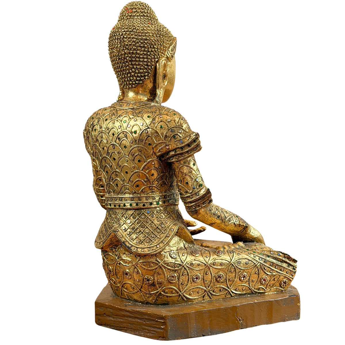 Vollständige Rückansicht des vergoldeten hölzernen Jambupati-Buddhas