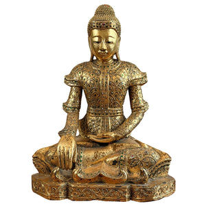 Burmesischer Jambupati-Buddha aus Holz mit Glaseinlagen – ca. 1880–1920 – 52 cm