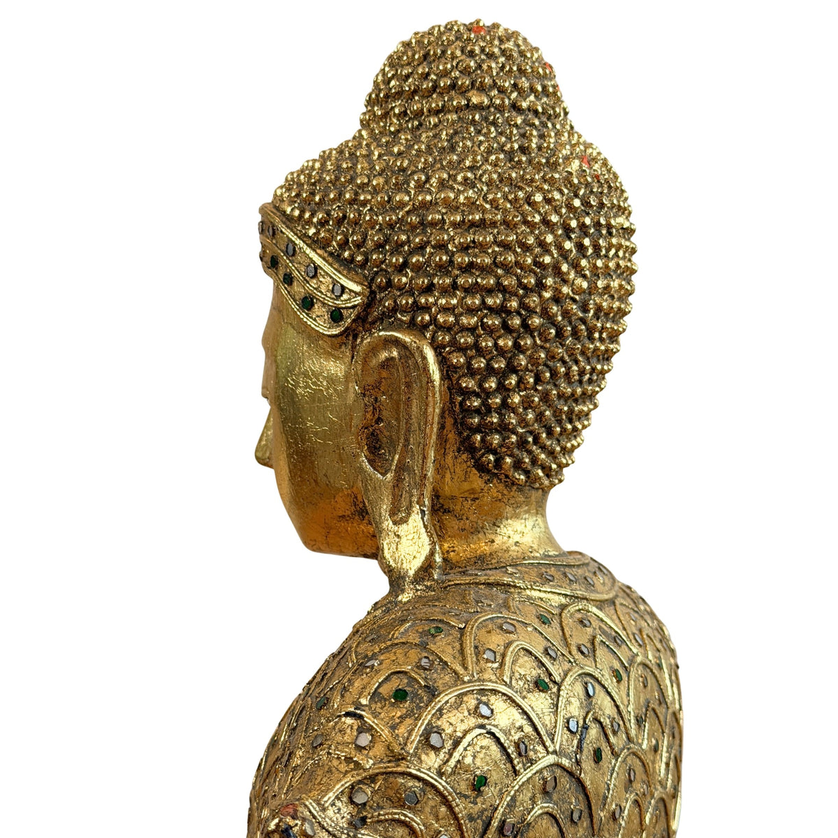 Rückprofil des vergoldeten Buddha-Kopfes mit Haarlocken und eingelegtem Stirnband