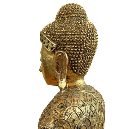 Rückprofil des vergoldeten Buddha-Kopfes mit Haarlocken und eingelegtem Stirnband