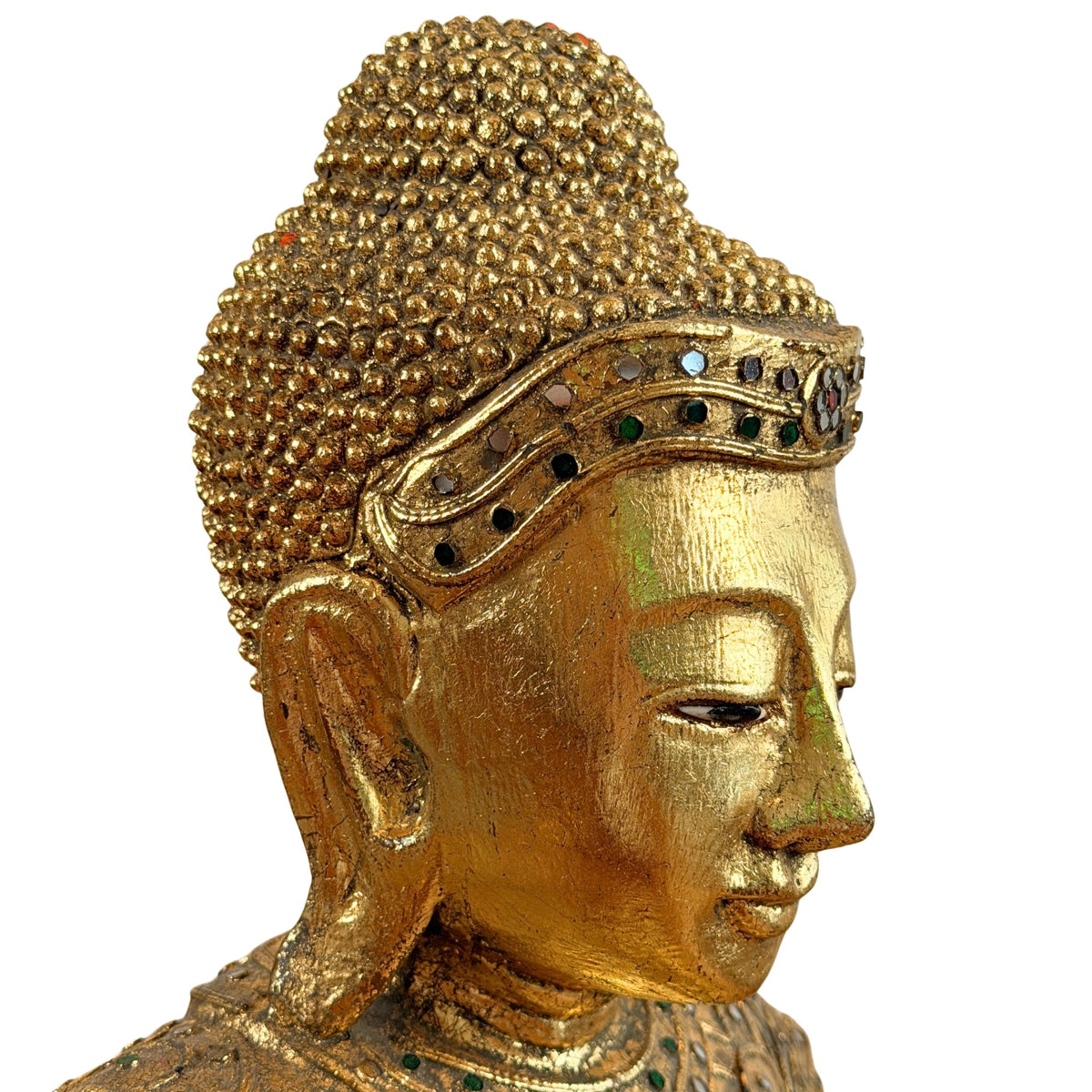 Rechtes Profil des Jambupati-Buddha-Kopfes mit Vergoldung und Glaseinlagen