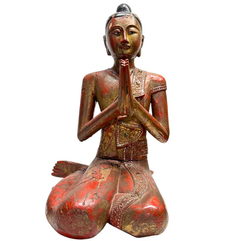 Burmesische Mönchsstatue aus Holz mit Lack und Blattgold