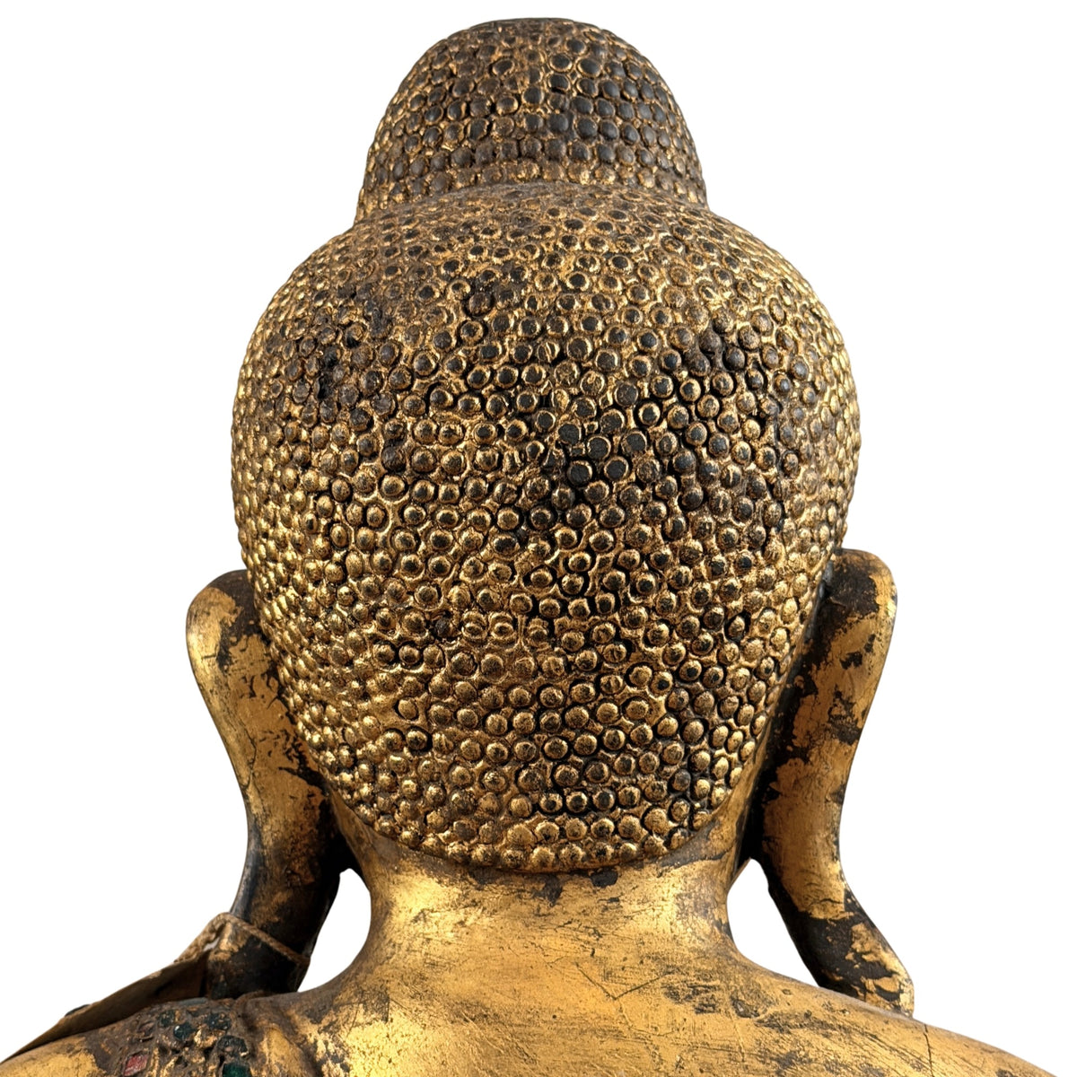 Vollständige Rückansicht des vergoldeten hölzernen Shan-Buddhas