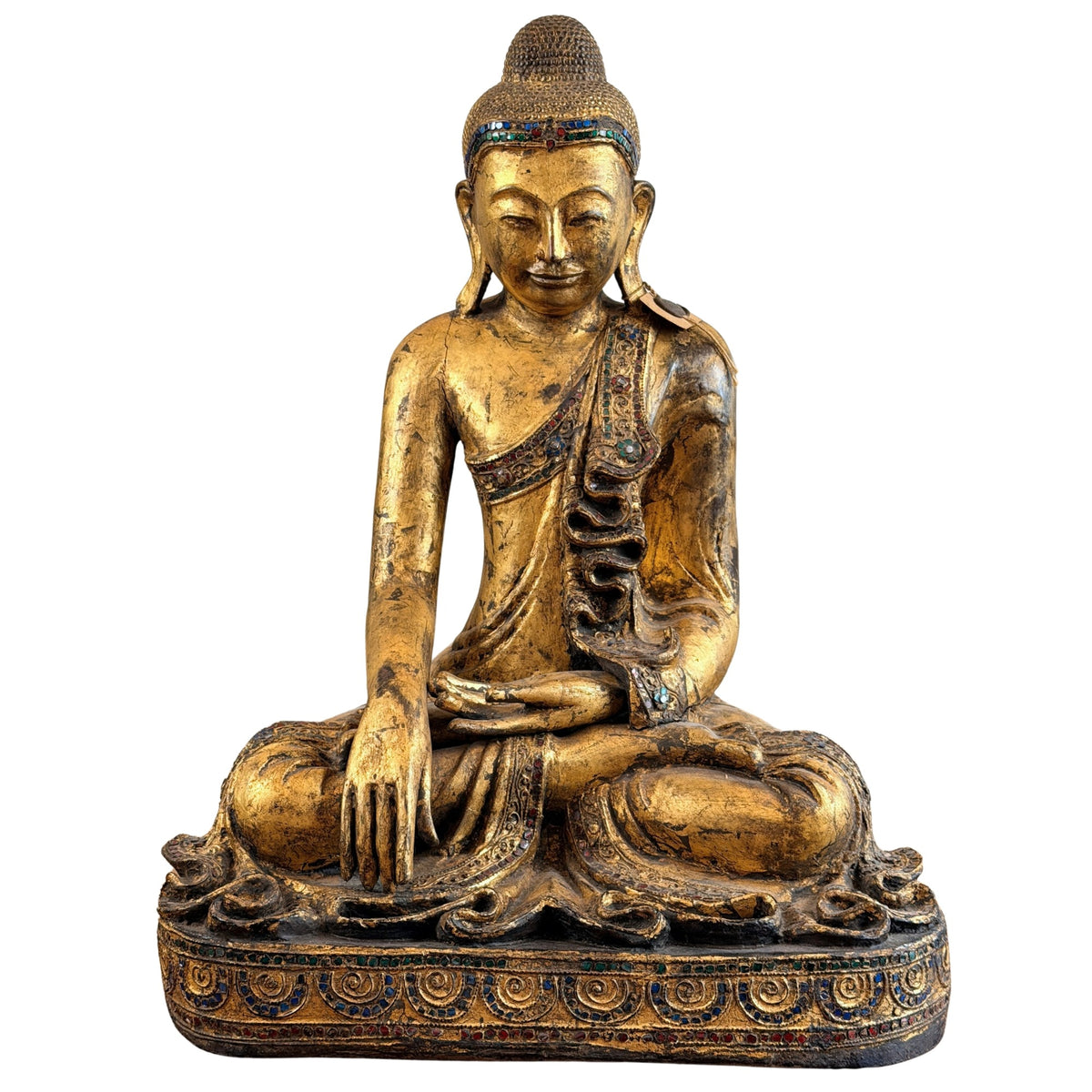 Burmesischer Shan-Buddha aus Holz mit Glaseinlagen, vollständige Vorderansicht