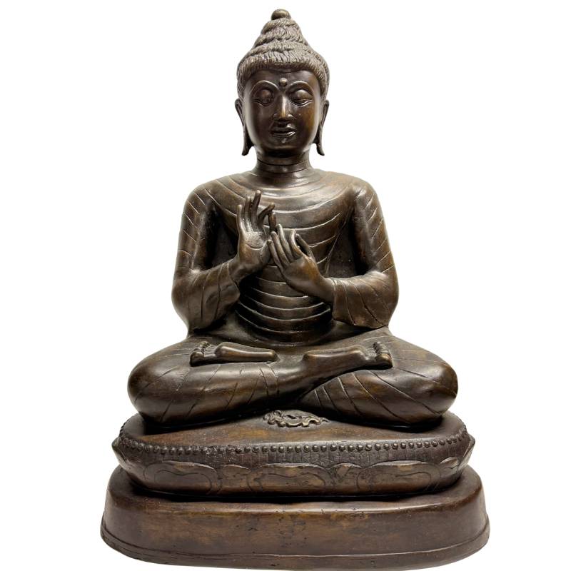 Burmesische Buddha-Dharmachakra-Mudra-Bronzestatue mit alter Patina, Mandala-Stil